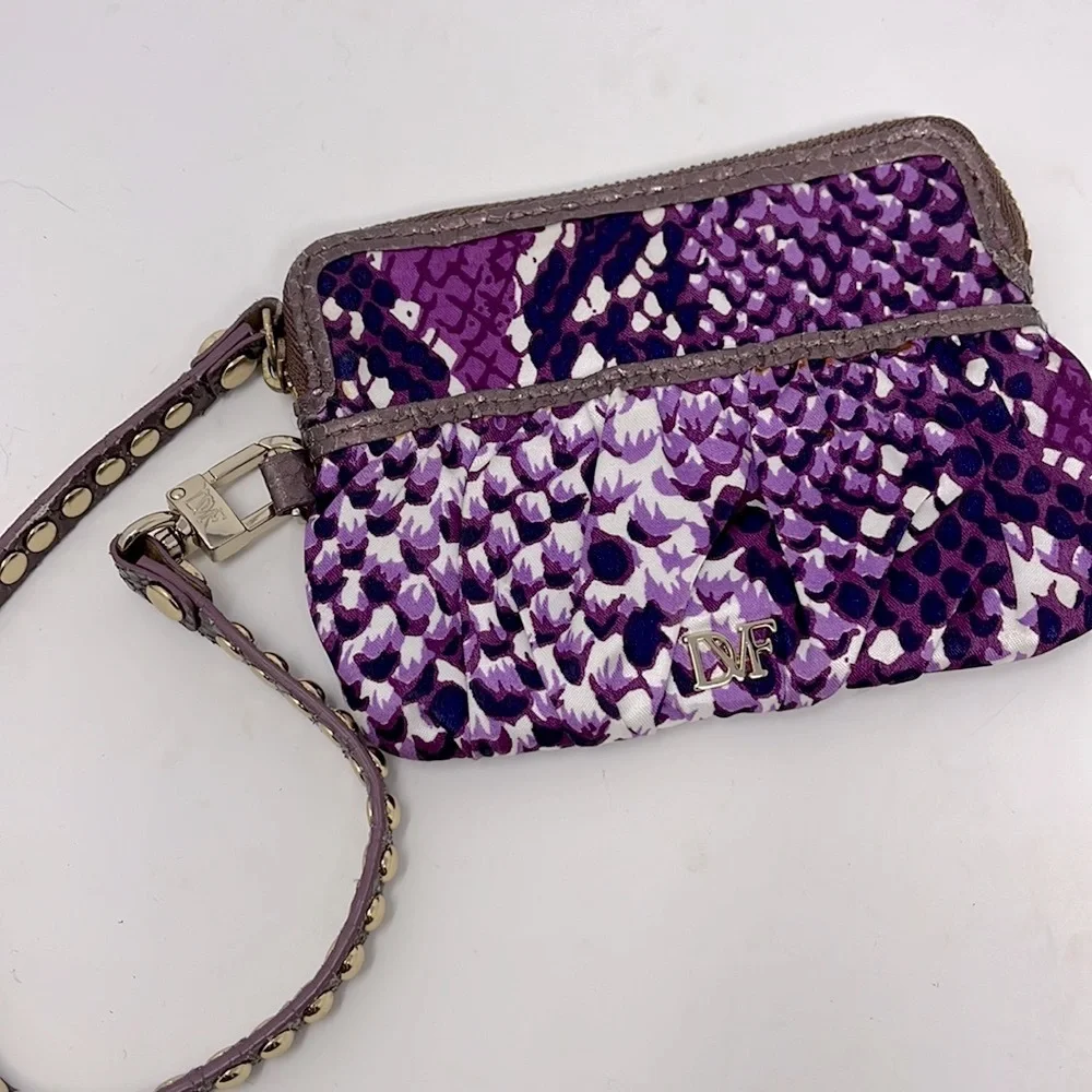 Diane Von Furstenburg Wristlet Wallet Purple Nylon Snake Pattern Stud Leather